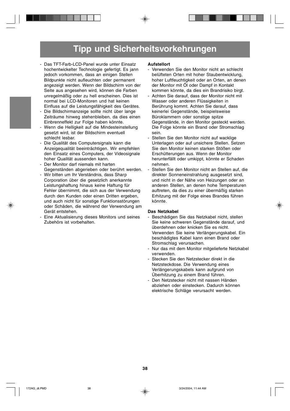 Tipp und sicherheitsvorkehrungen | Sharp LL-172G User Manual | Page 38 / 152