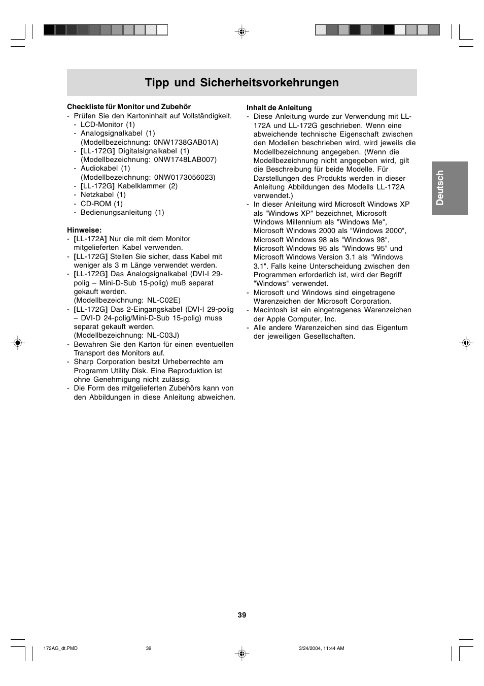 Tipp und sicherheitsvorkehrungen, English deutsch français italiano español english | Sharp LL-172G User Manual | Page 39 / 152