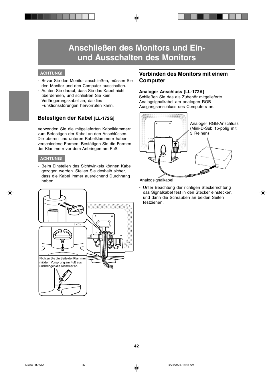 Befestigen der kabel, Verbinden des monitors mit einem computer | Sharp LL-172G User Manual | Page 42 / 152