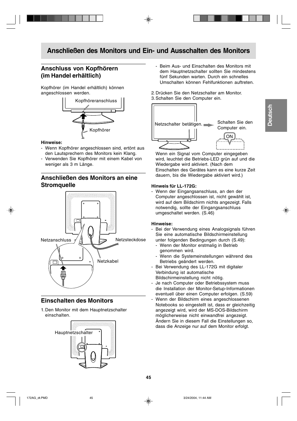 Anschluss von kopfhörern (im handel erhältlich) | Sharp LL-172G User Manual | Page 45 / 152