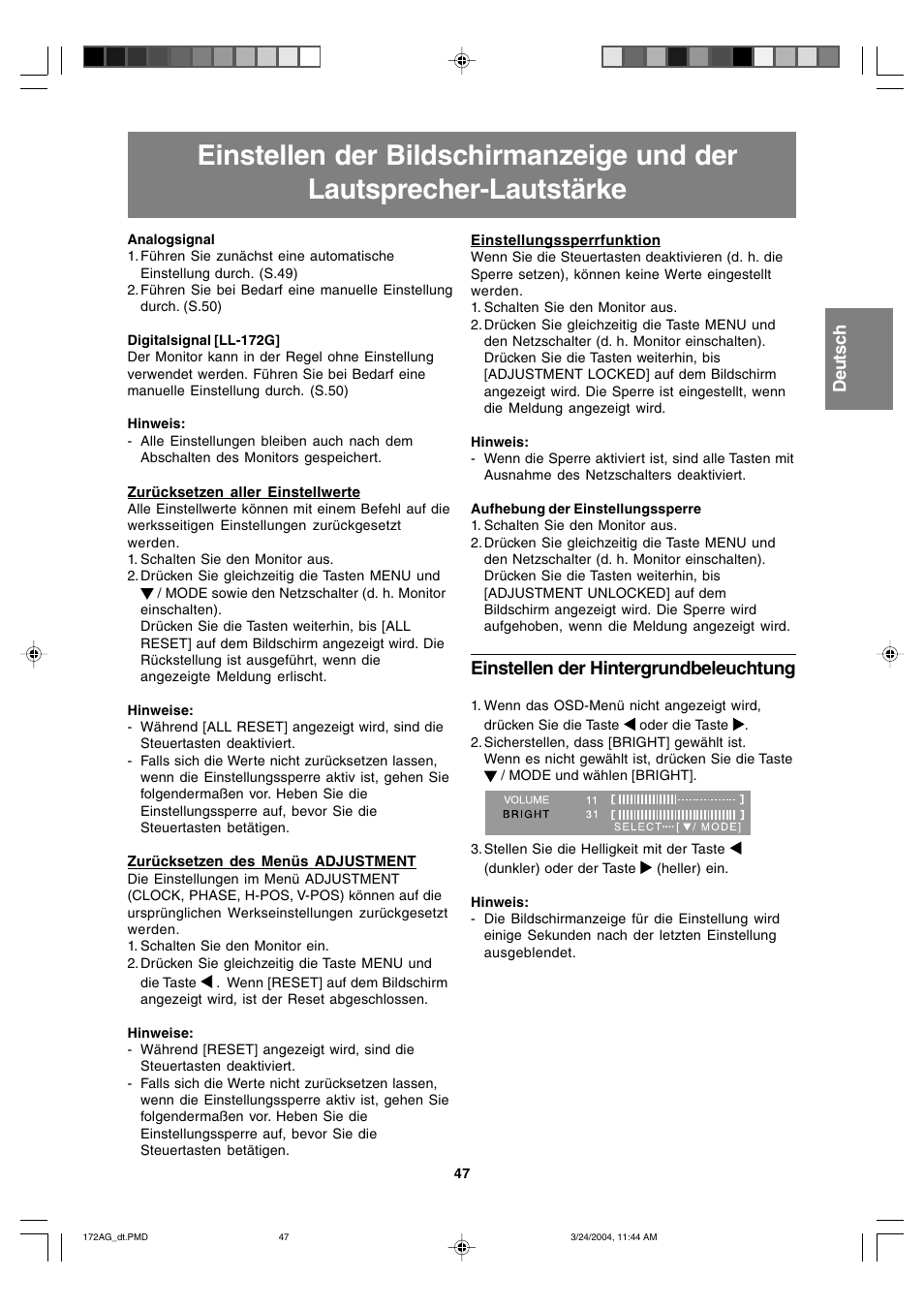 Einstellen der hintergrundbeleuchtung | Sharp LL-172G User Manual | Page 47 / 152