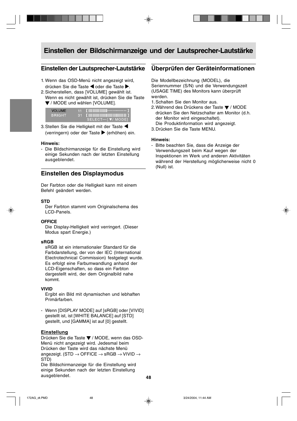 Überprüfen der geräteinformationen, Einstellen der lautsprecher-lautstärke, Einstellen des displaymodus | Sharp LL-172G User Manual | Page 48 / 152