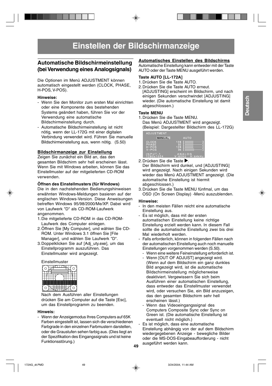 Einstellen der bildschirmanzeige | Sharp LL-172G User Manual | Page 49 / 152