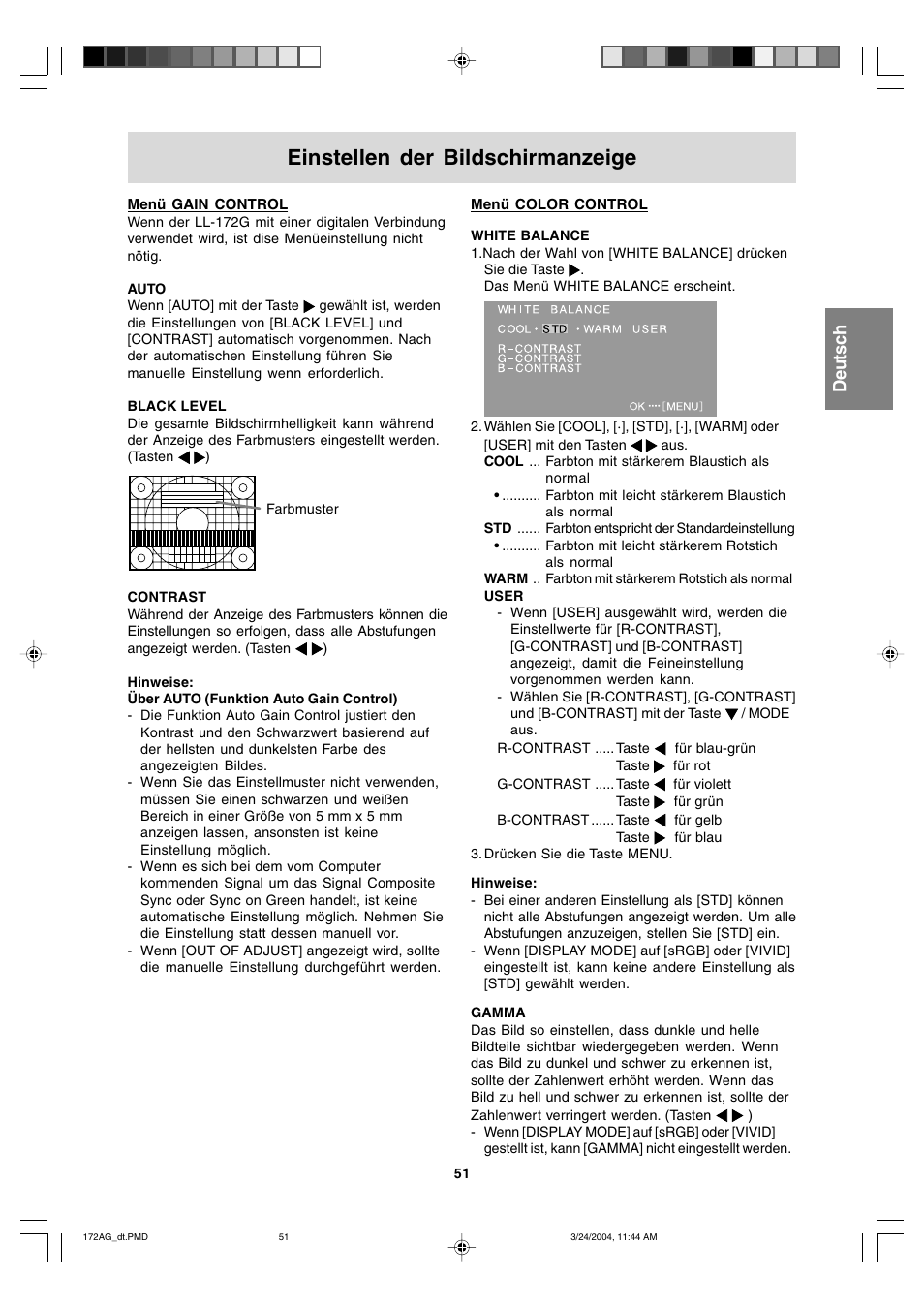 Einstellen der bildschirmanzeige, English deutsch français italiano español english | Sharp LL-172G User Manual | Page 51 / 152