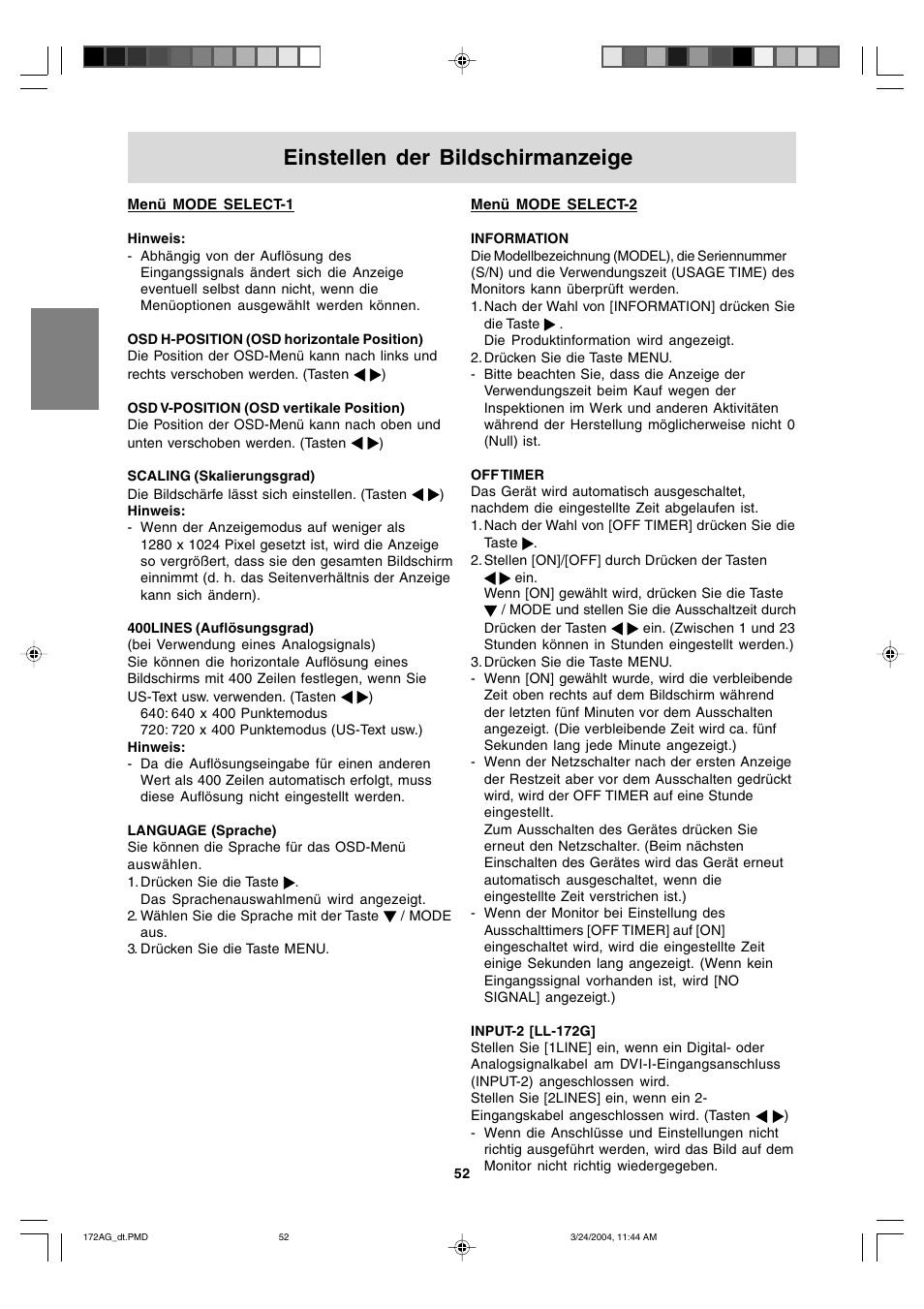 Einstellen der bildschirmanzeige | Sharp LL-172G User Manual | Page 52 / 152