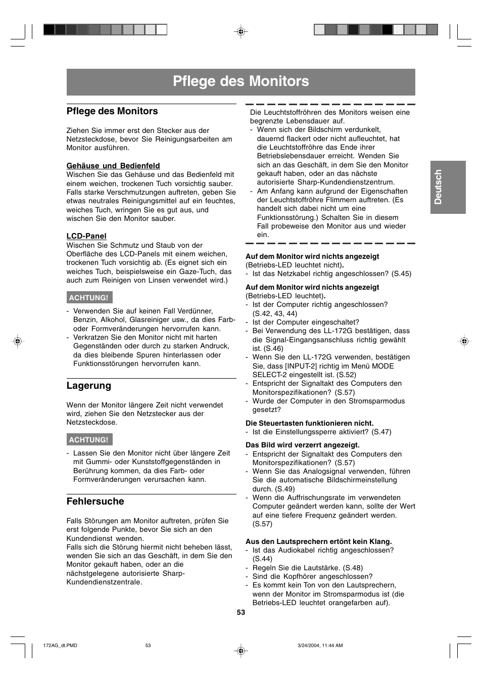 Pflege des monitors, Lagerung, Fehlersuche | Sharp LL-172G User Manual | Page 53 / 152