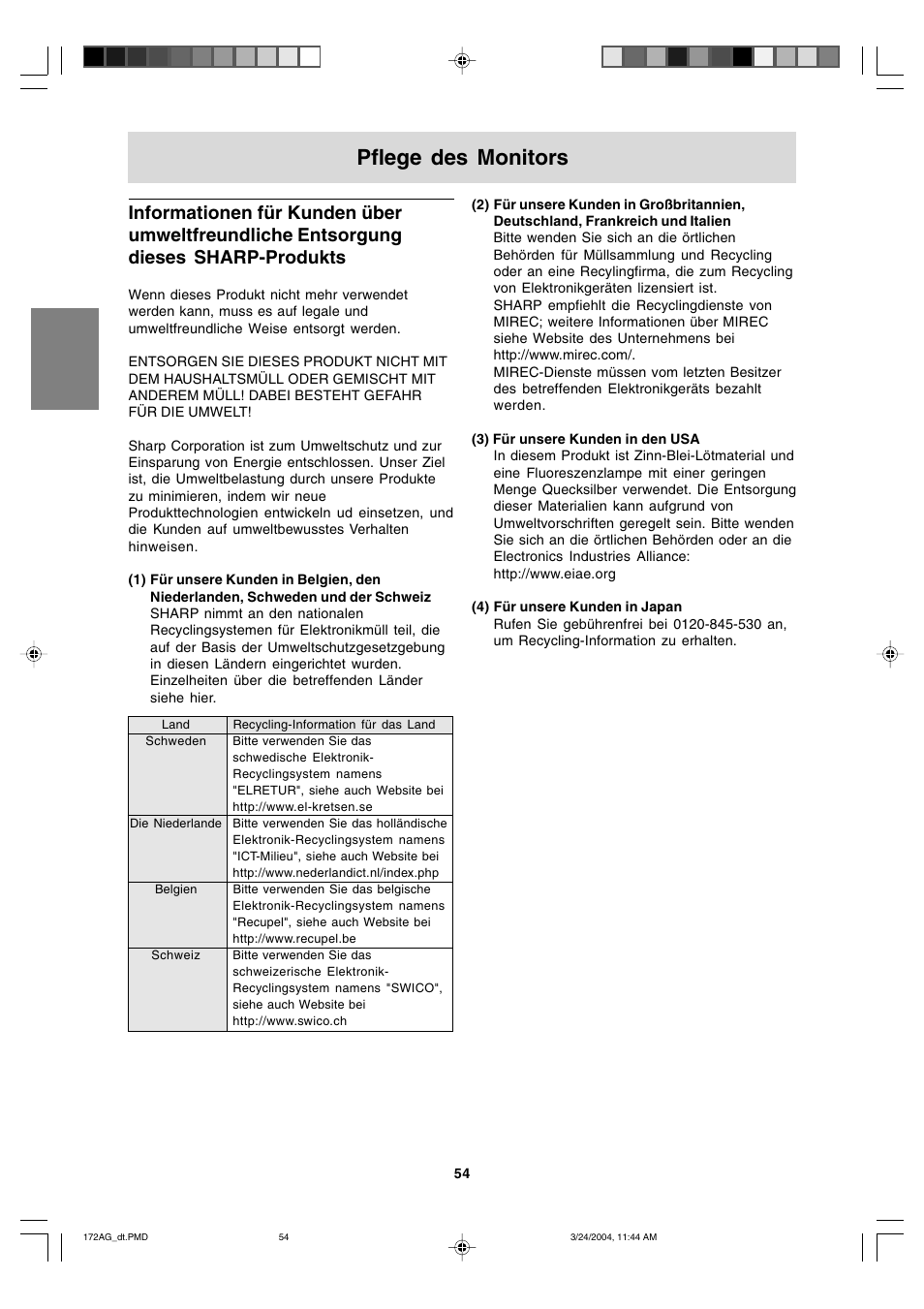 Pflege des monitors | Sharp LL-172G User Manual | Page 54 / 152