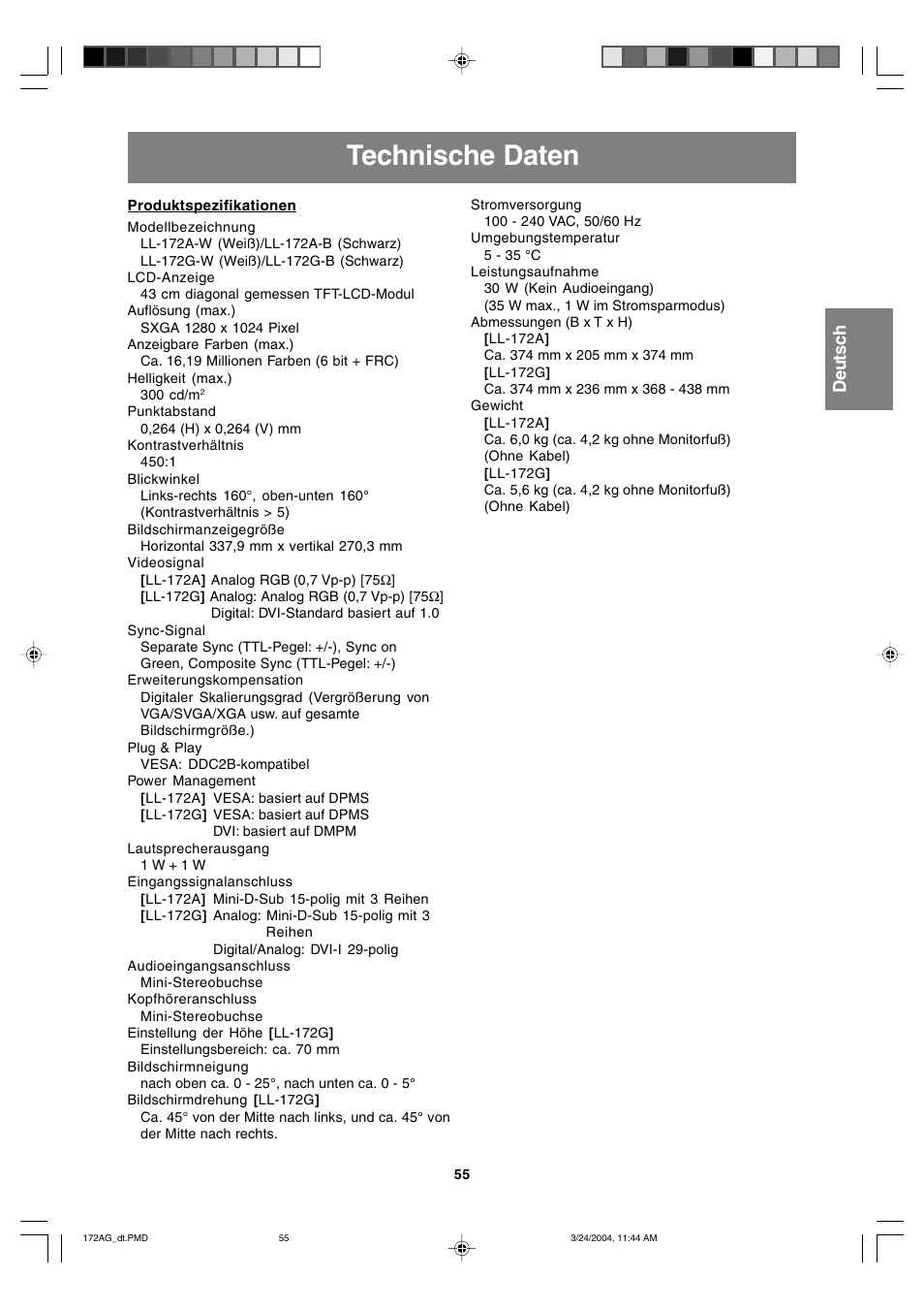 Technische daten, English deutsch français italiano español english | Sharp LL-172G User Manual | Page 55 / 152