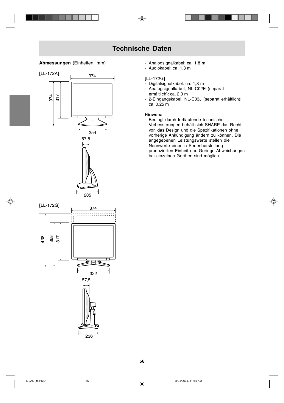 Technische daten | Sharp LL-172G User Manual | Page 56 / 152