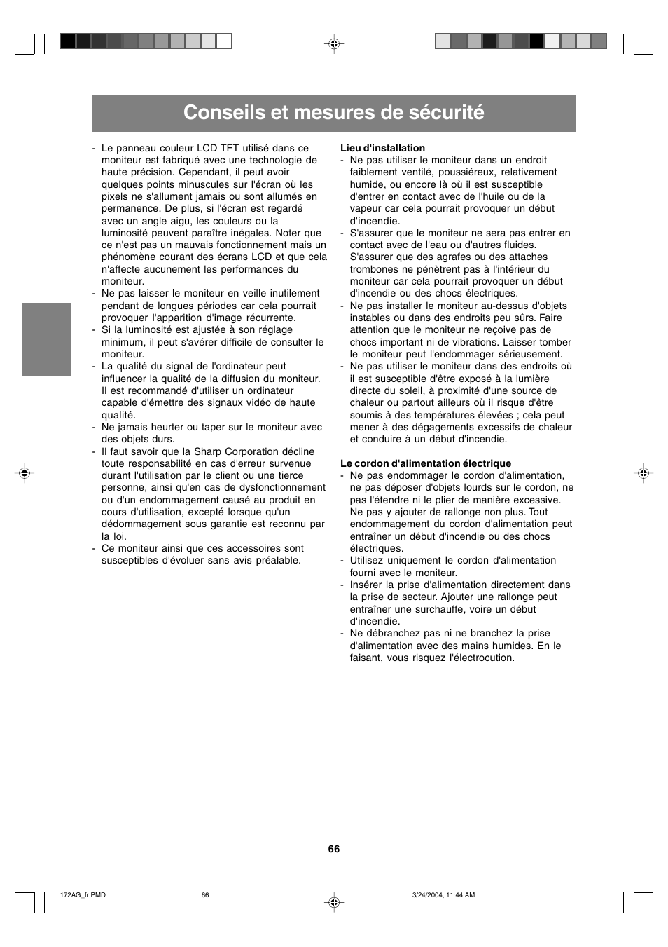Conseils et mesures de sécurité | Sharp LL-172G User Manual | Page 66 / 152
