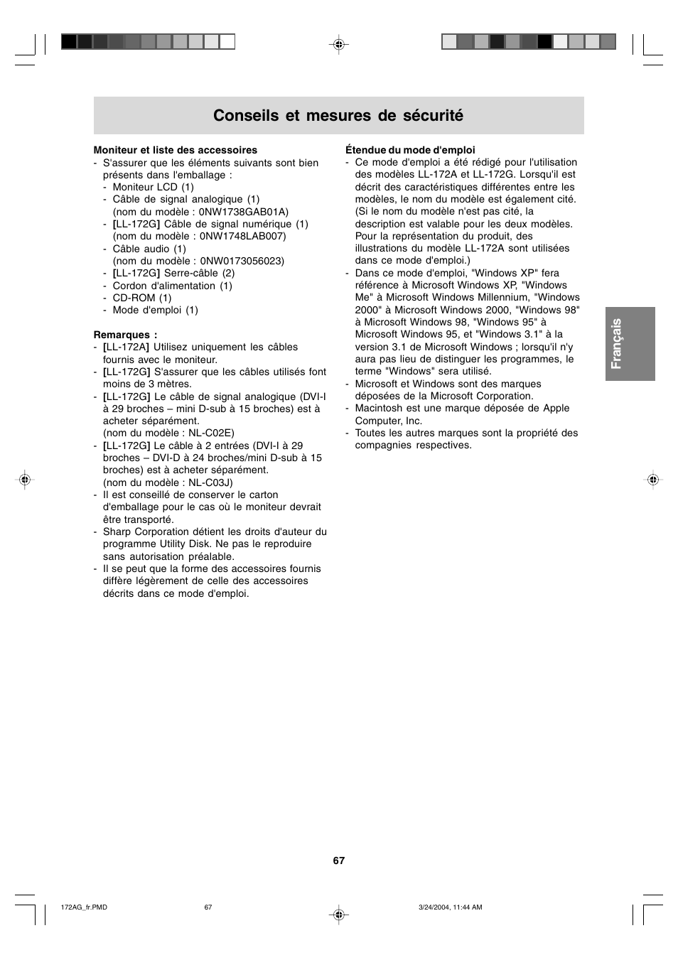 Conseils et mesures de sécurité, English deutsch français italiano español english | Sharp LL-172G User Manual | Page 67 / 152