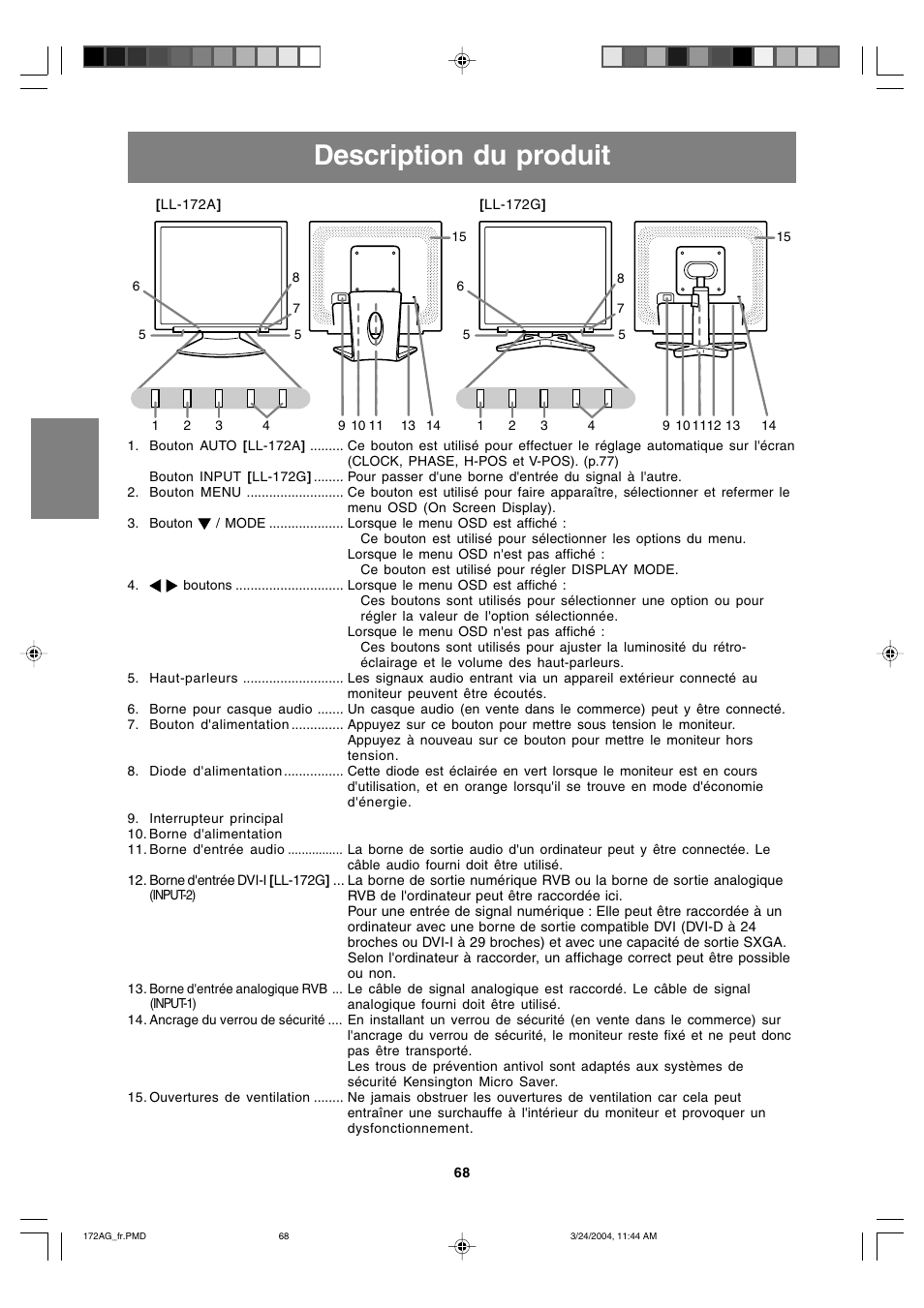 Description du produit | Sharp LL-172G User Manual | Page 68 / 152