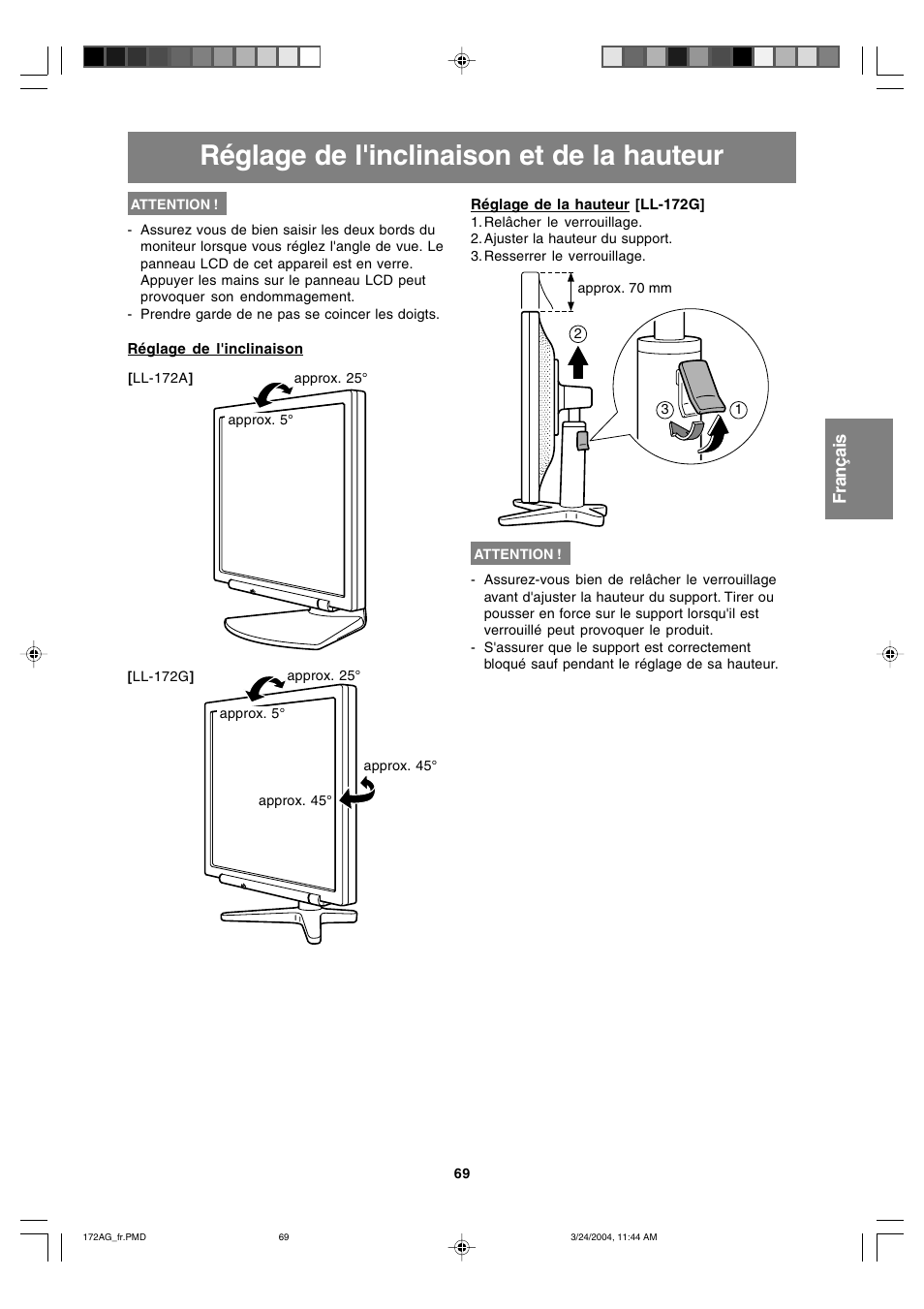 Réglage de l'inclinaison et de la hauteur | Sharp LL-172G User Manual | Page 69 / 152