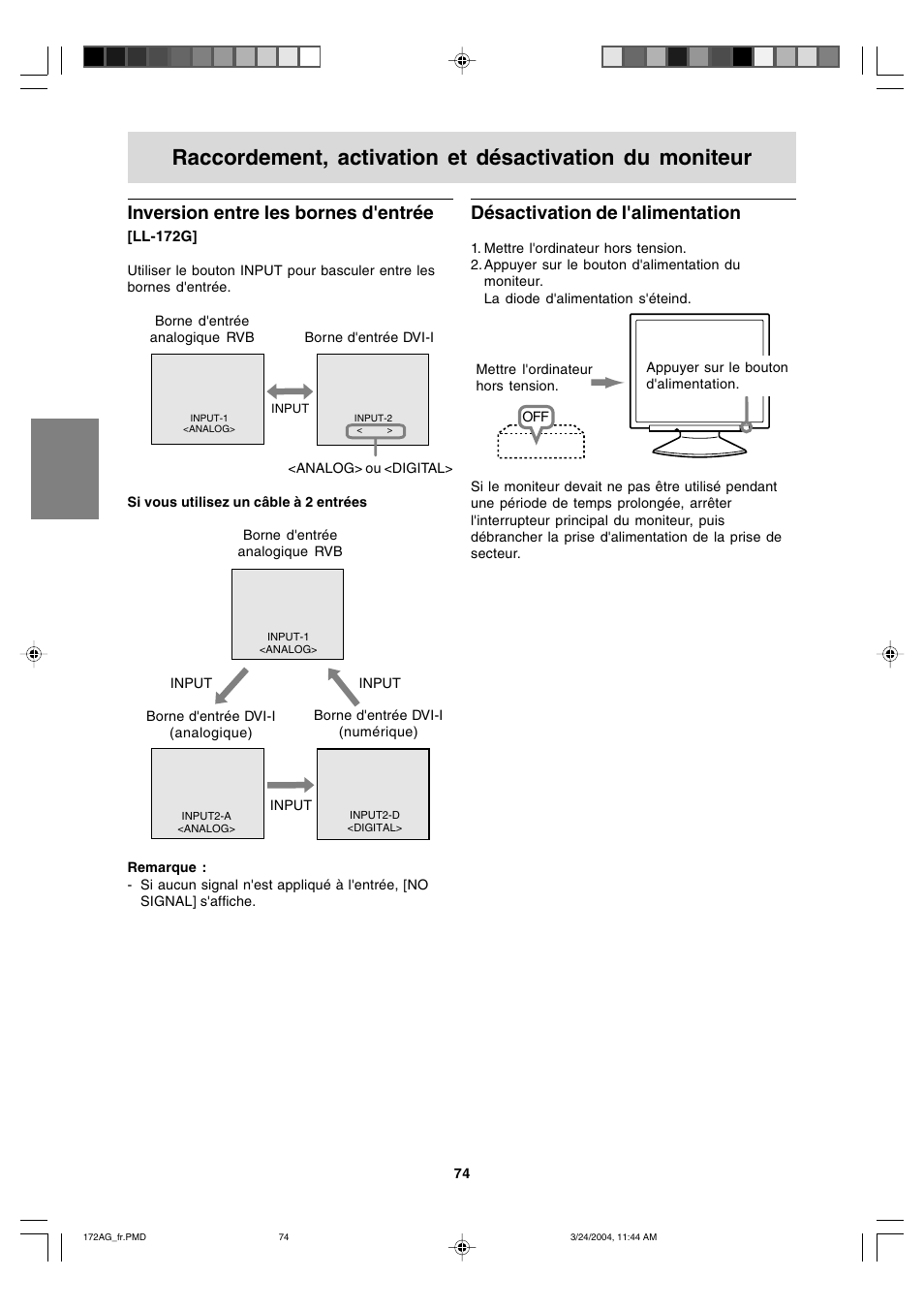 Inversion entre les bornes d'entrée, Désactivation de l'alimentation | Sharp LL-172G User Manual | Page 74 / 152