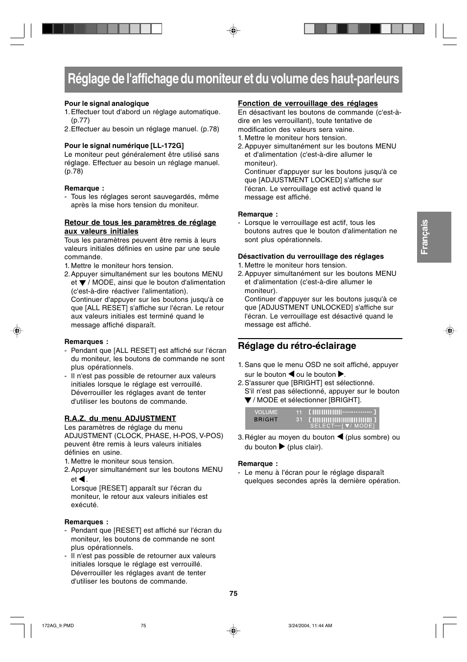 Réglage du rétro-éclairage | Sharp LL-172G User Manual | Page 75 / 152