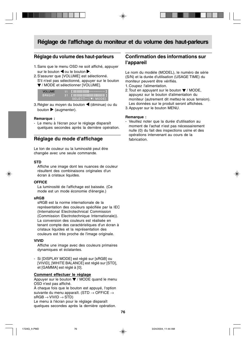 Réglage du volume des haut-parleurs, Réglage du mode d'affichage, Confirmation des informations sur l'appareil | Sharp LL-172G User Manual | Page 76 / 152