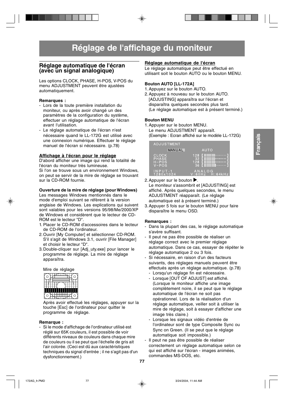 Réglage de l'affichage du moniteur | Sharp LL-172G User Manual | Page 77 / 152