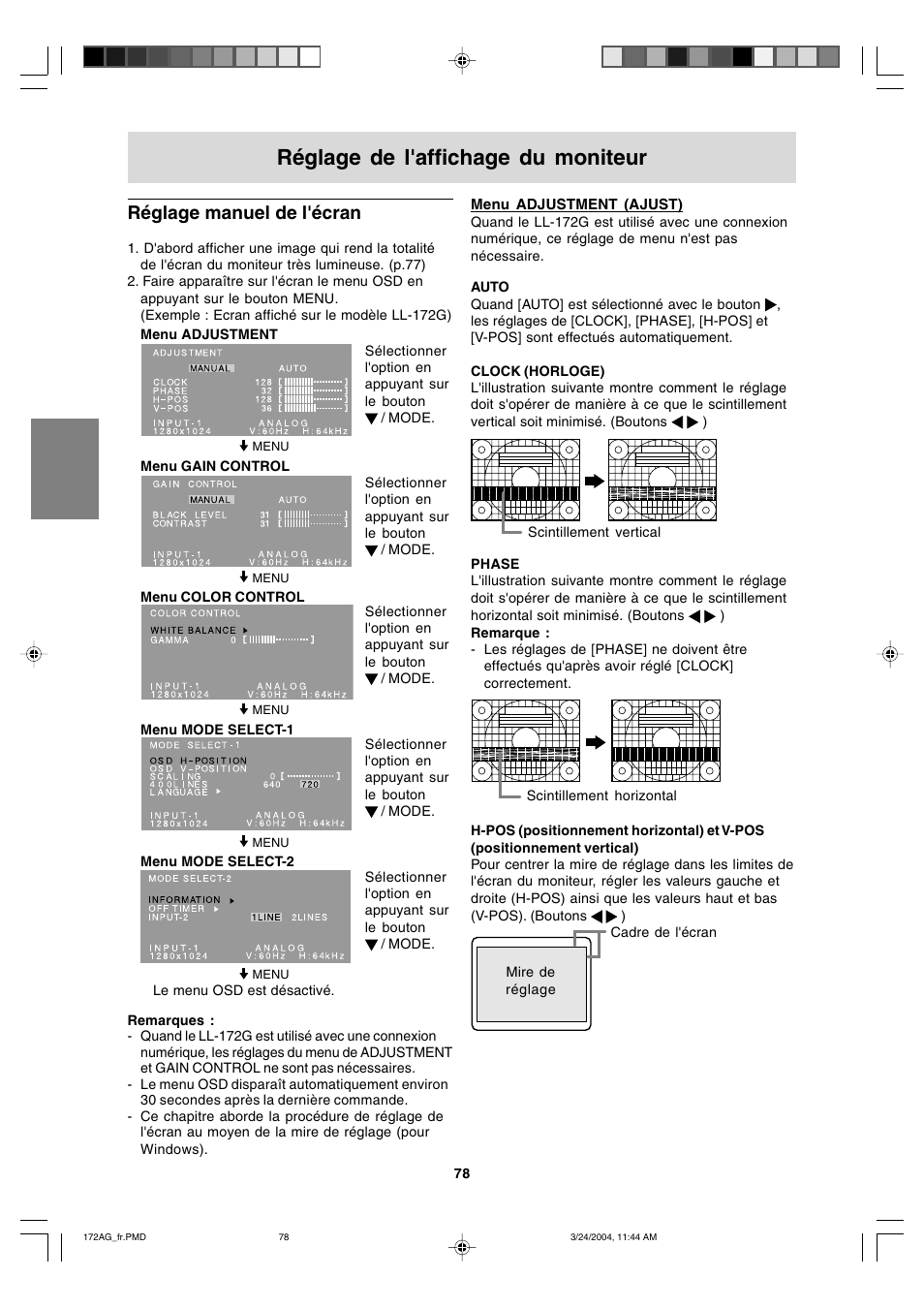 Réglage de l'affichage du moniteur, Réglage manuel de l'écran | Sharp LL-172G User Manual | Page 78 / 152