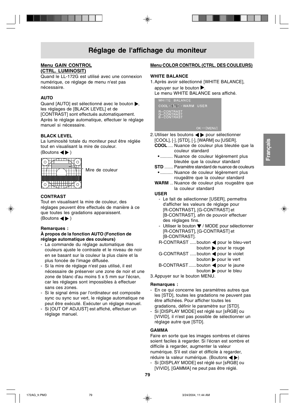 Réglage de l'affichage du moniteur, English deutsch français italiano español english | Sharp LL-172G User Manual | Page 79 / 152