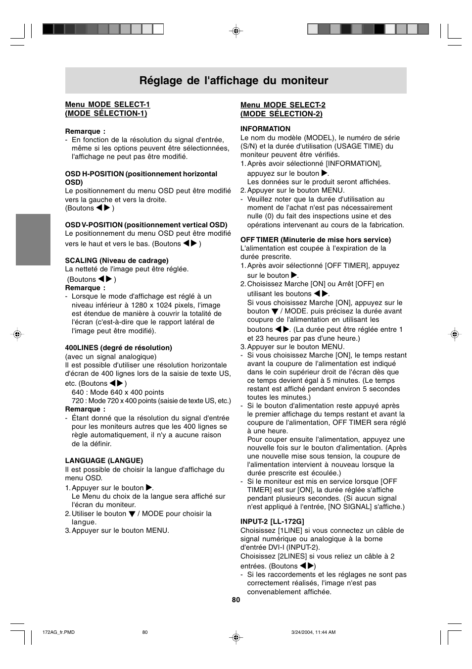 Réglage de l'affichage du moniteur | Sharp LL-172G User Manual | Page 80 / 152