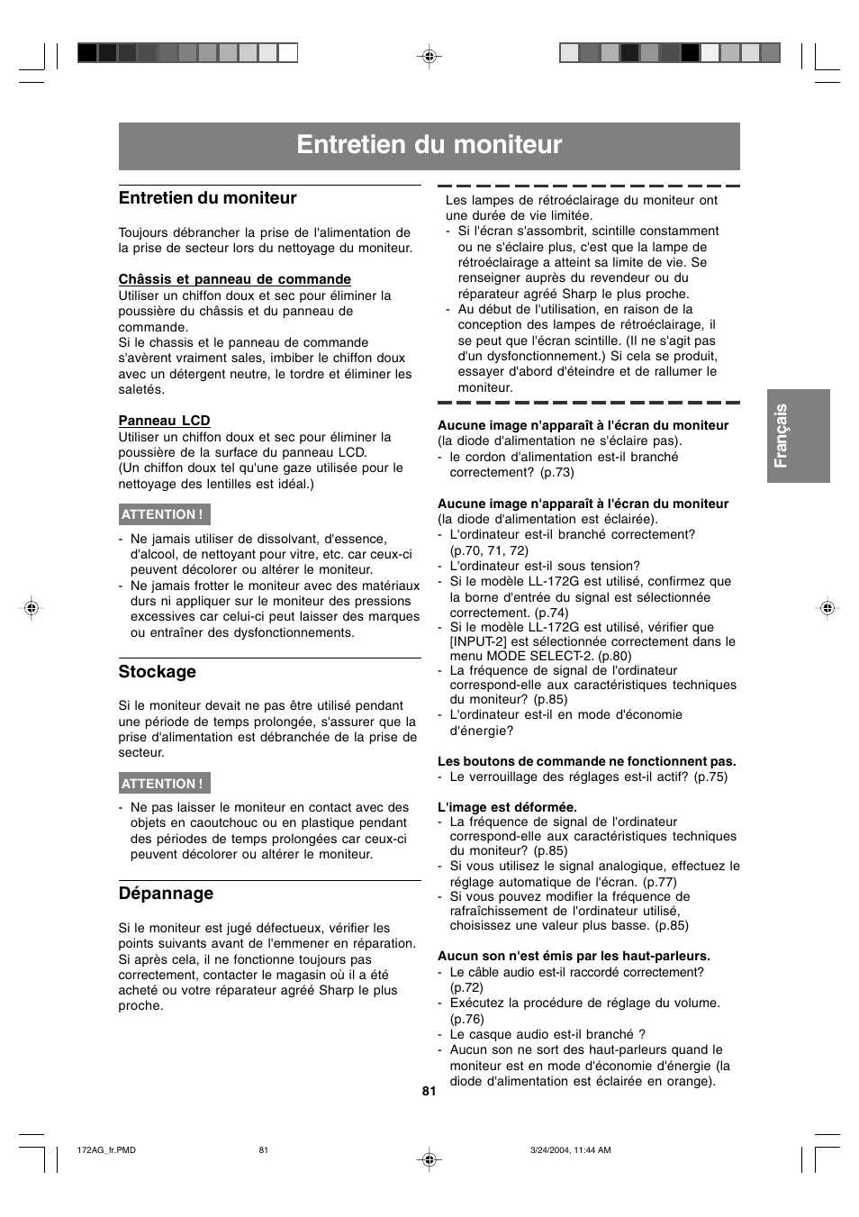 Entretien du moniteur, Stockage, Dépannage | Sharp LL-172G User Manual | Page 81 / 152