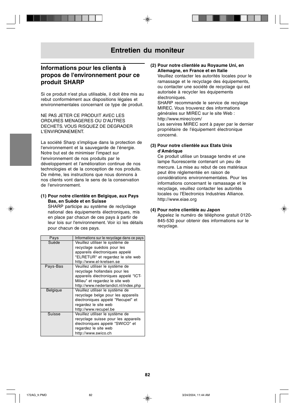 Entretien du moniteur | Sharp LL-172G User Manual | Page 82 / 152