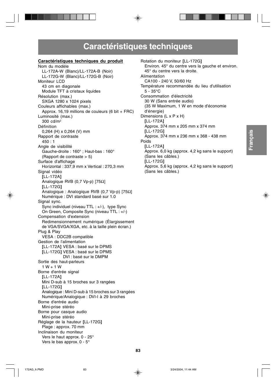 Caractéristiques techniques, English deutsch français italiano español english | Sharp LL-172G User Manual | Page 83 / 152