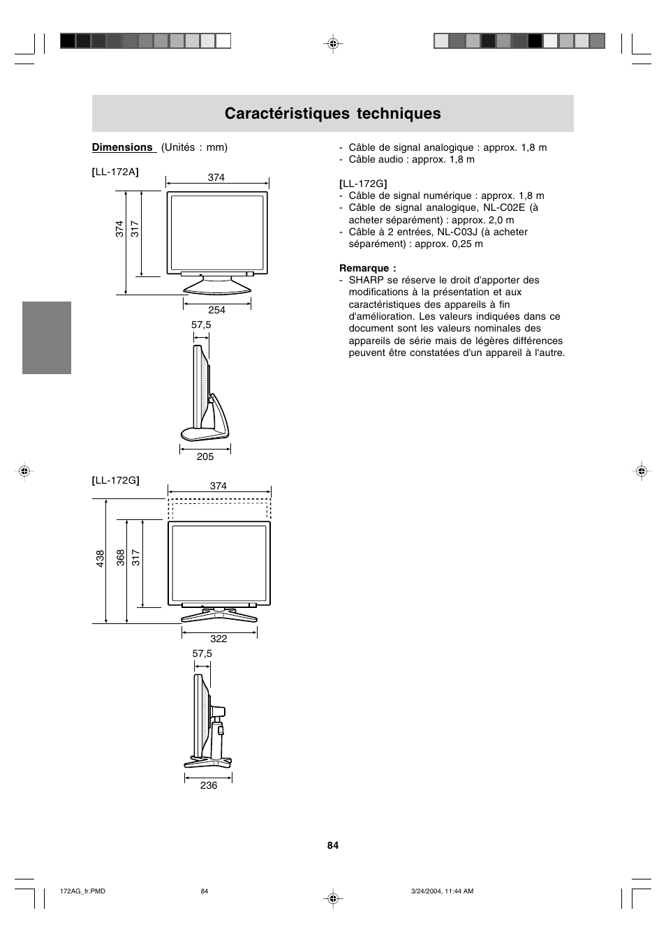 Caractéristiques techniques | Sharp LL-172G User Manual | Page 84 / 152