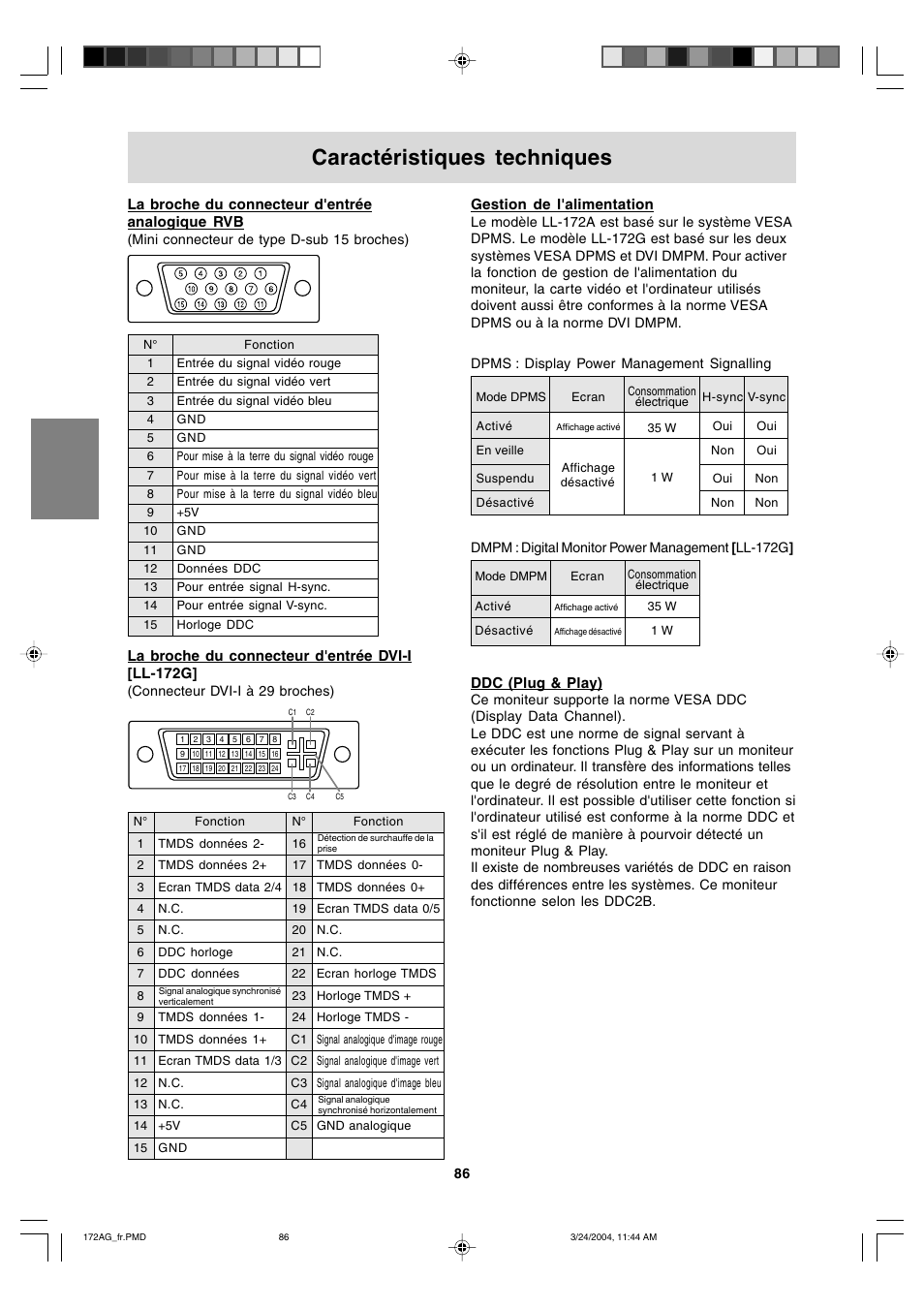 Caractéristiques techniques, Gestion de l'alimentation, La broche du connecteur d'entrée analogique rvb | La broche du connecteur d'entrée dvi-i [ll-172g, Ddc (plug & play) | Sharp LL-172G User Manual | Page 86 / 152