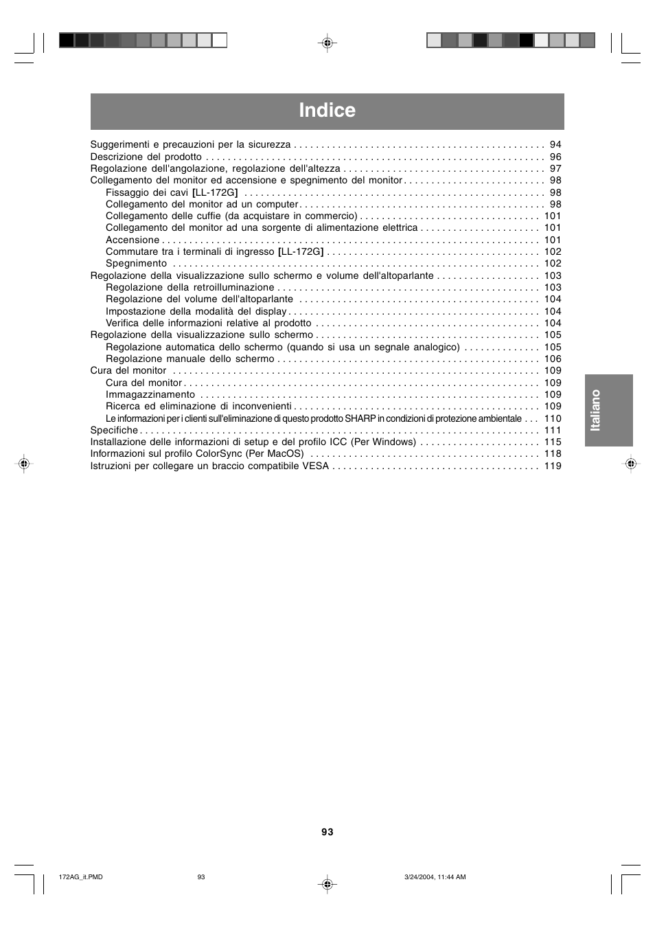 Indice | Sharp LL-172G User Manual | Page 93 / 152