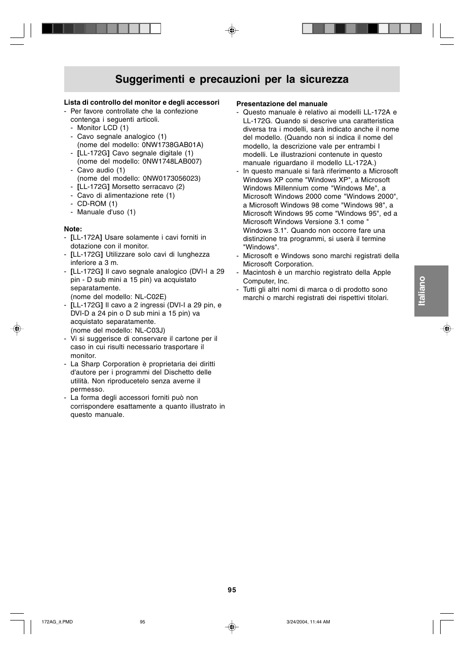Suggerimenti e precauzioni per la sicurezza, English deutsch français italiano español english | Sharp LL-172G User Manual | Page 95 / 152