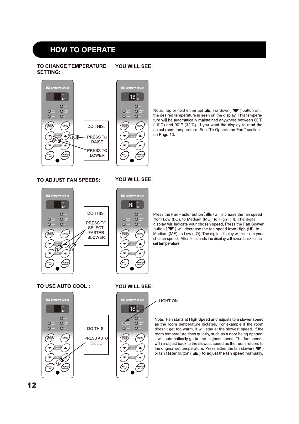 To change temperature setting, To adjust fan speeds, To use auto cool | You will see, 6m5 6^5, How to operate | Sharp AF-S125NX User Manual | Page 12 / 20