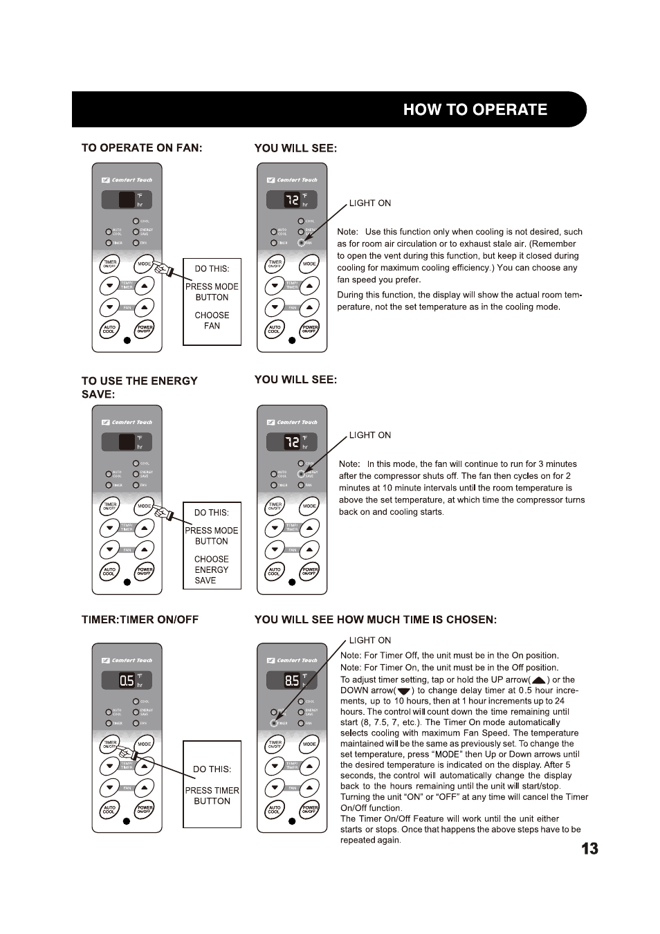 To operate on fan, You will see, To use the energy save | Timer:timer on/off, You will see how much time is chosen, How to operate | Sharp AF-S125NX User Manual | Page 13 / 20