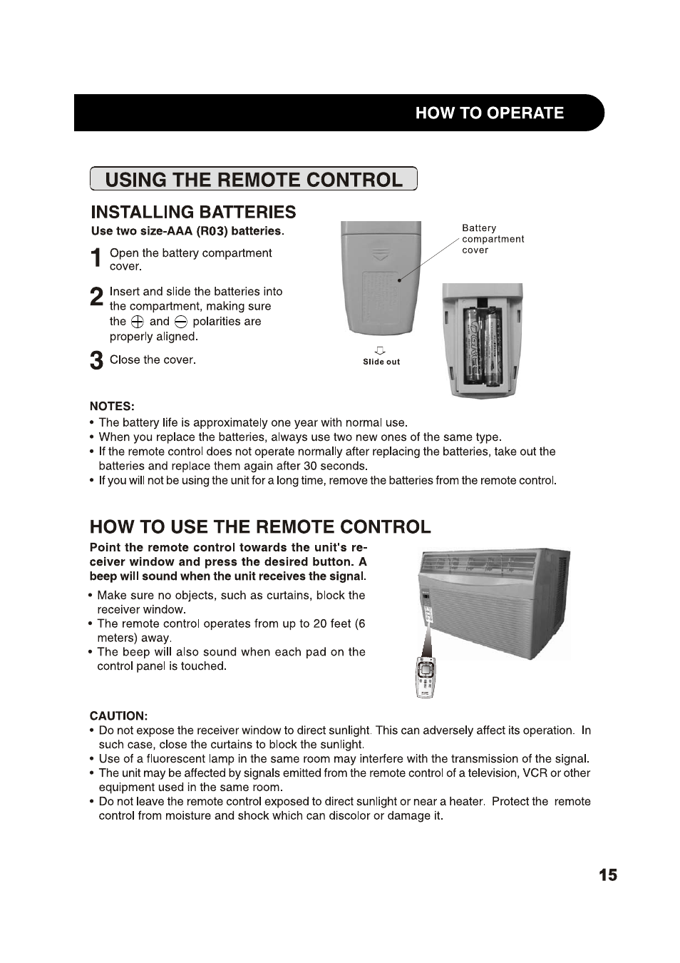 Using the remote control, Notes, How to use the remote control | Caution, Installing batteries | Sharp AF-S125NX User Manual | Page 15 / 20