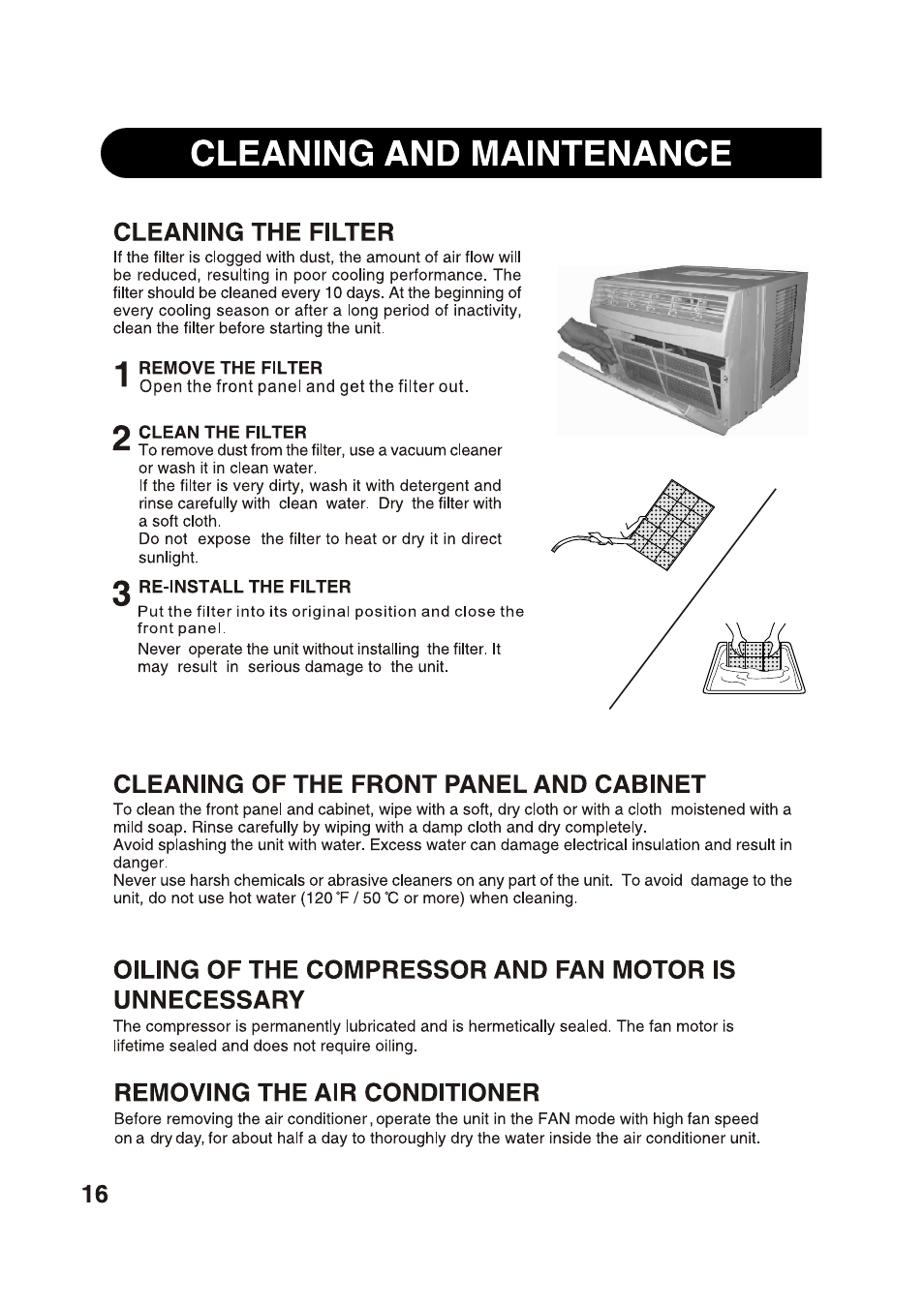 Cleaning and maintenance, Cleaning the filter, 4 remove the filter | Clean the filter, Re-install the filter, Cleaning of the front panel and cabinet, Removing the air conditioner | Sharp AF-S125NX User Manual | Page 16 / 20