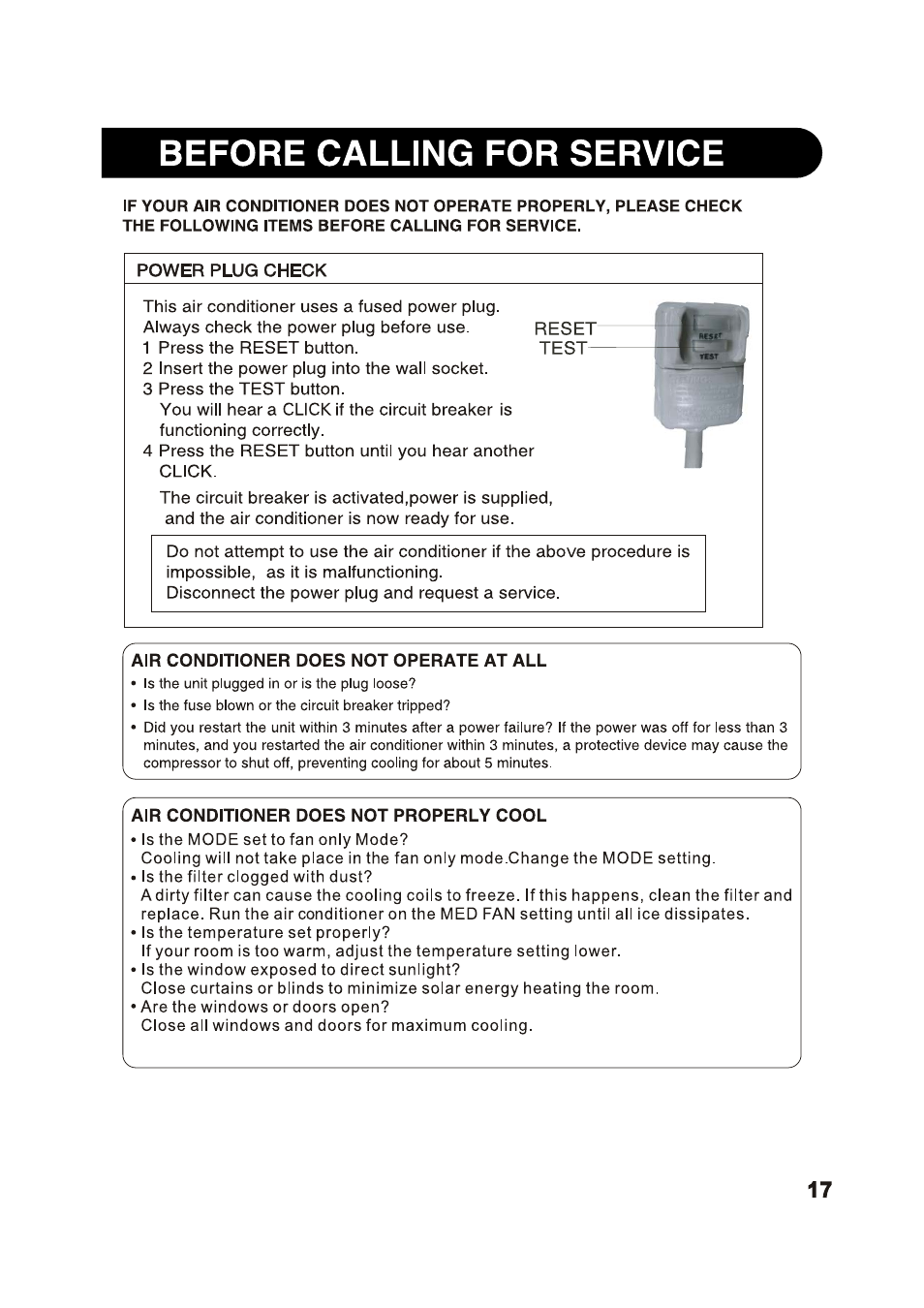 Before calling for service, Power plug check, Air conditioner does not operate at all | Air conditioner does not properly cool | Sharp AF-S125NX User Manual | Page 17 / 20