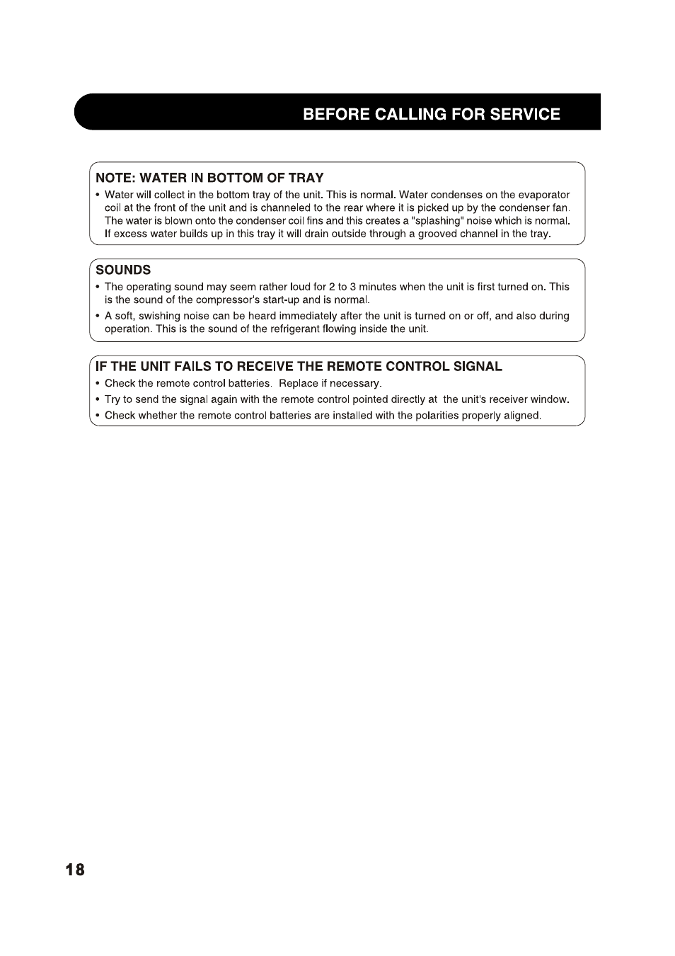 Before calling for service, Note: water in bottom of tray, Sounds | Sharp AF-S125NX User Manual | Page 18 / 20