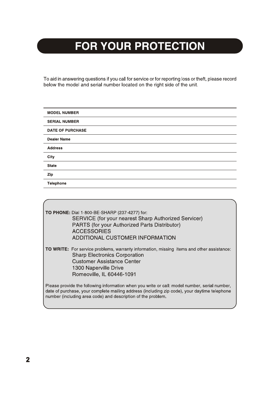 For your protection | Sharp AF-S125NX User Manual | Page 2 / 20