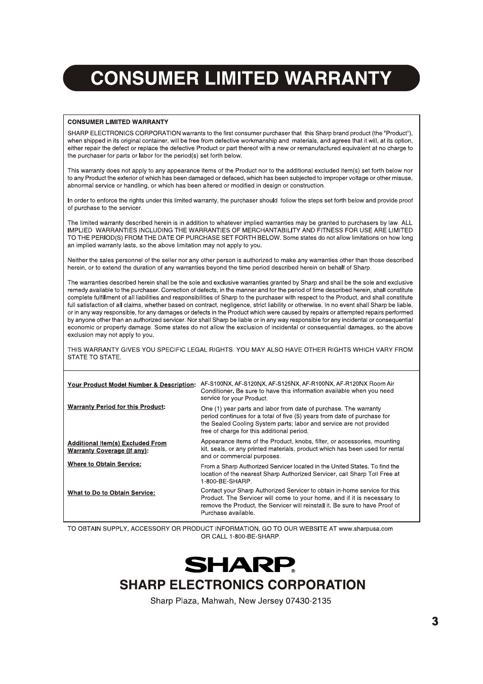 Consumer limited warranty, Sharp electronics corporation | Sharp AF-S125NX User Manual | Page 3 / 20