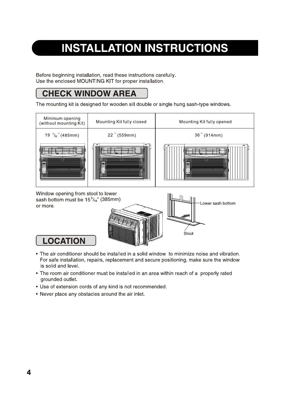 Installation instructions, Check window area, Location | Sharp AF-S125NX User Manual | Page 4 / 20