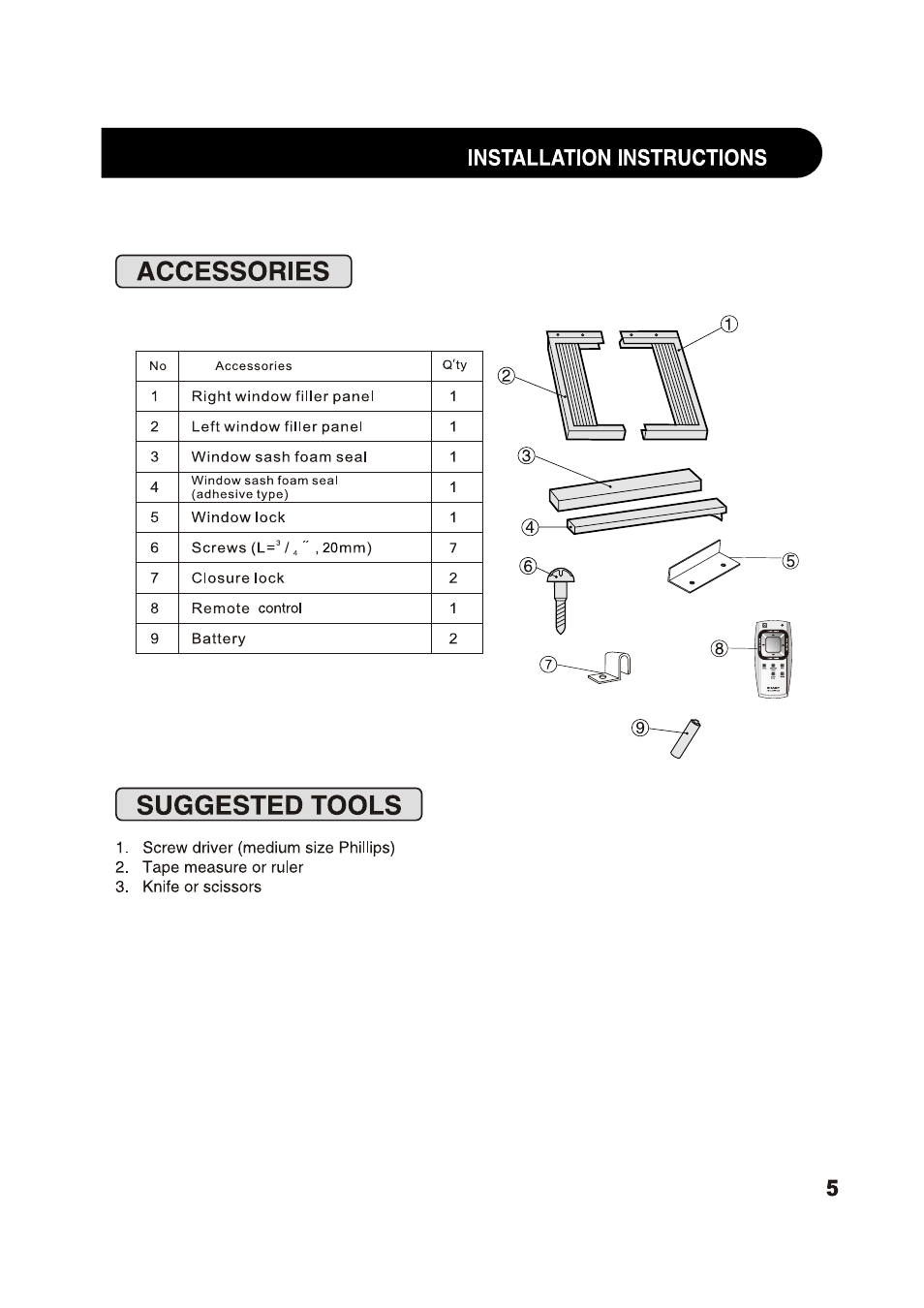 Accessories, Suggested tools, Accessories • suggested tools | Installation instructions | Sharp AF-S125NX User Manual | Page 5 / 20