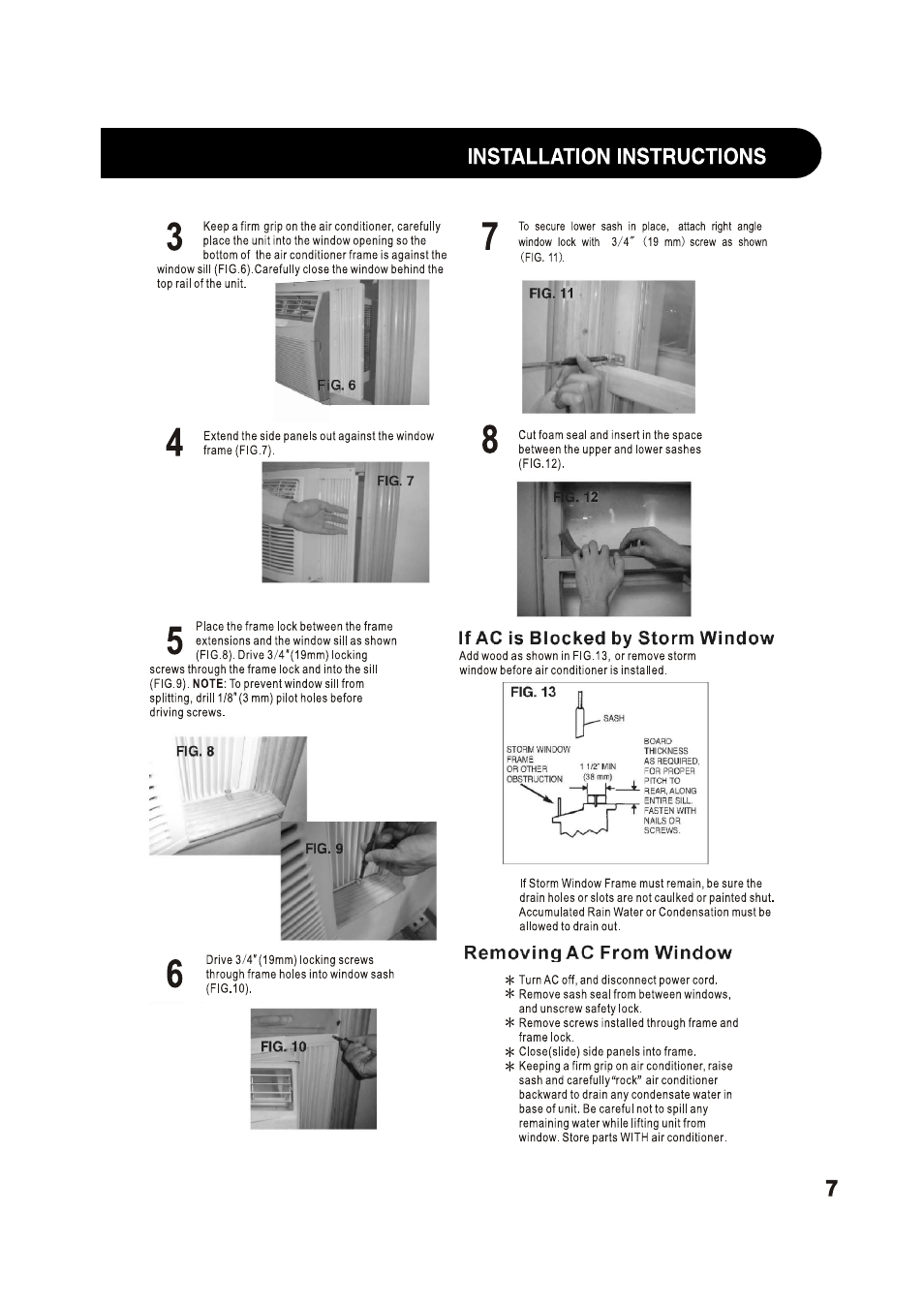 Installation instructions, If ac is blocked by storm window, Removing ac from window | Sharp AF-S125NX User Manual | Page 7 / 20