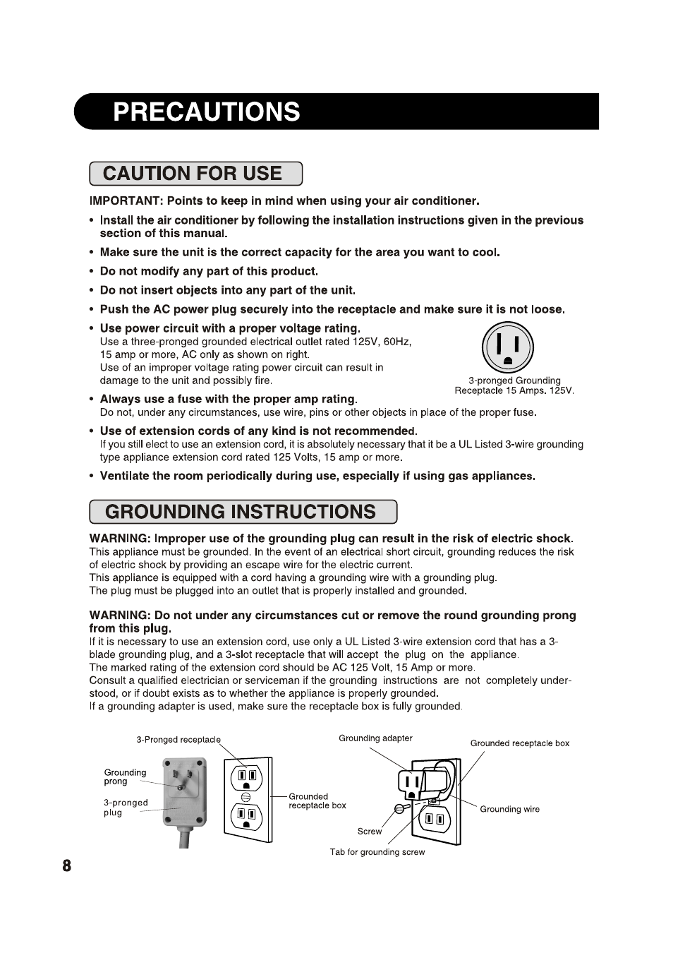 Precautions, Caution for use, Grounding instructions | M m \ m y | Sharp AF-S125NX User Manual | Page 8 / 20