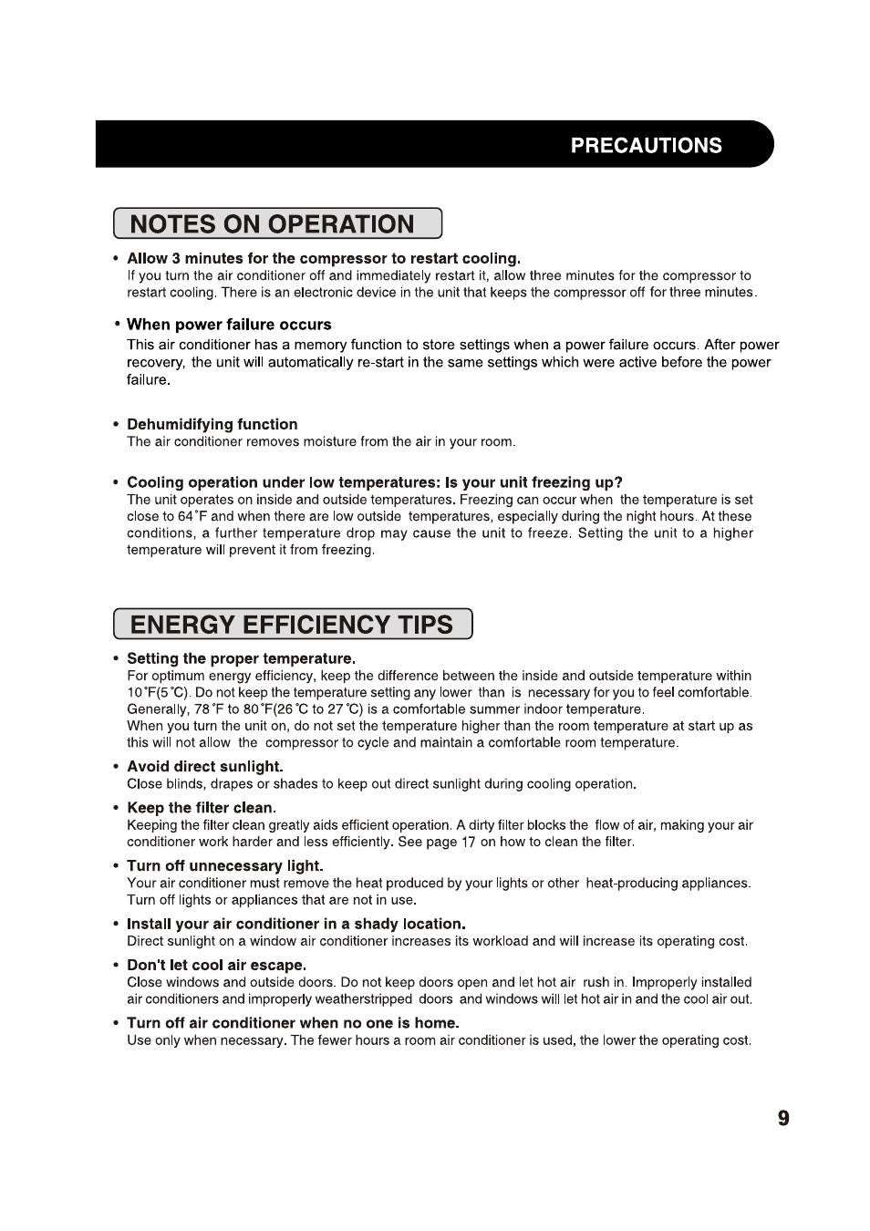 Energy efficiency tips, Precautions | Sharp AF-S125NX User Manual | Page 9 / 20