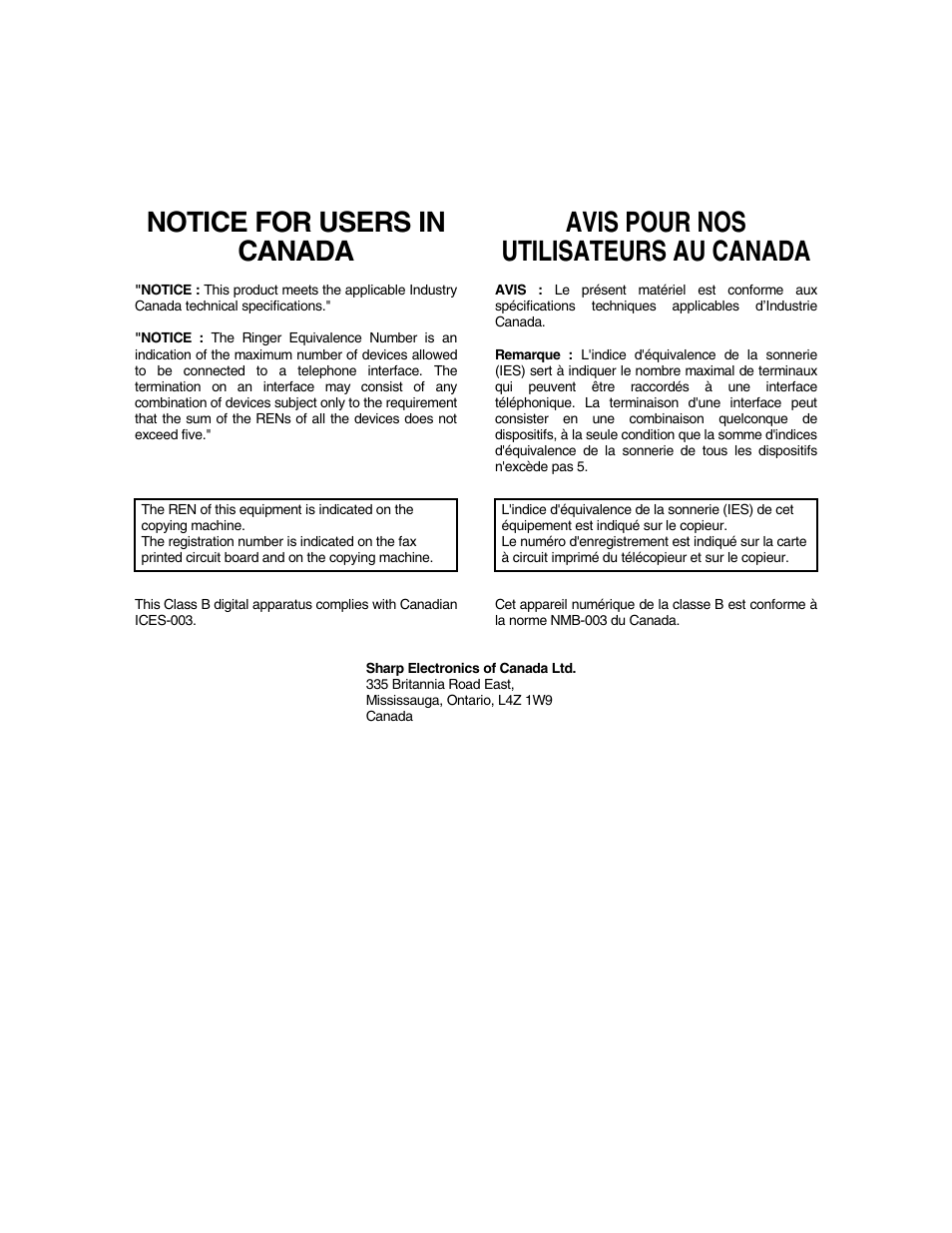 Notice for users in canada, Avis pour nos utilisateurs au canada | Sharp AR-FX9 User Manual | Page 103 / 104