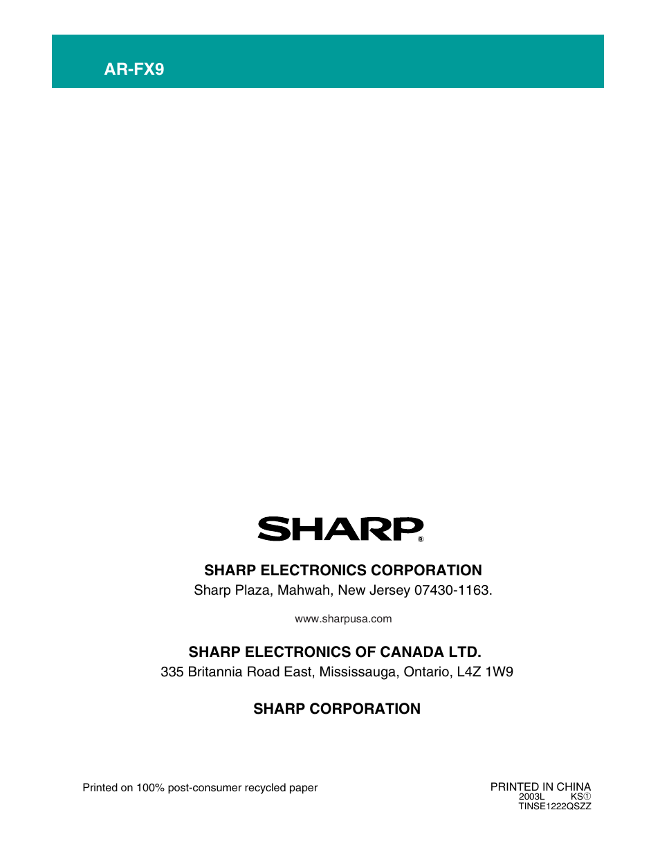 Ar-fx9, Sharp electronics corporation, Sharp electronics of canada ltd | Sharp corporation | Sharp AR-FX9 User Manual | Page 104 / 104