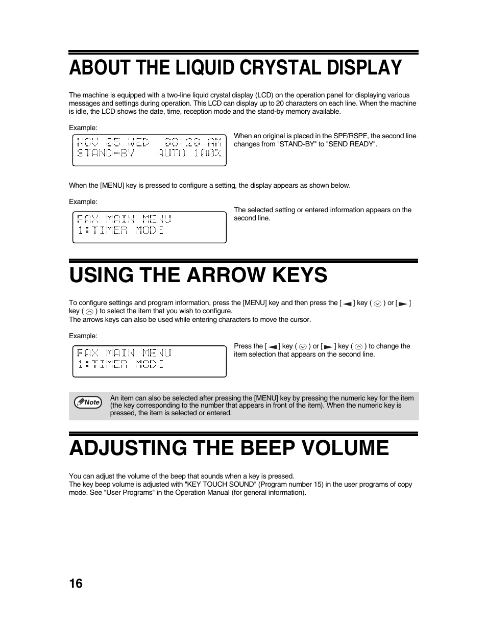 About the liquid crystal display, Using the arrow keys, Adjusting the beep volume | Sharp AR-FX9 User Manual | Page 20 / 104