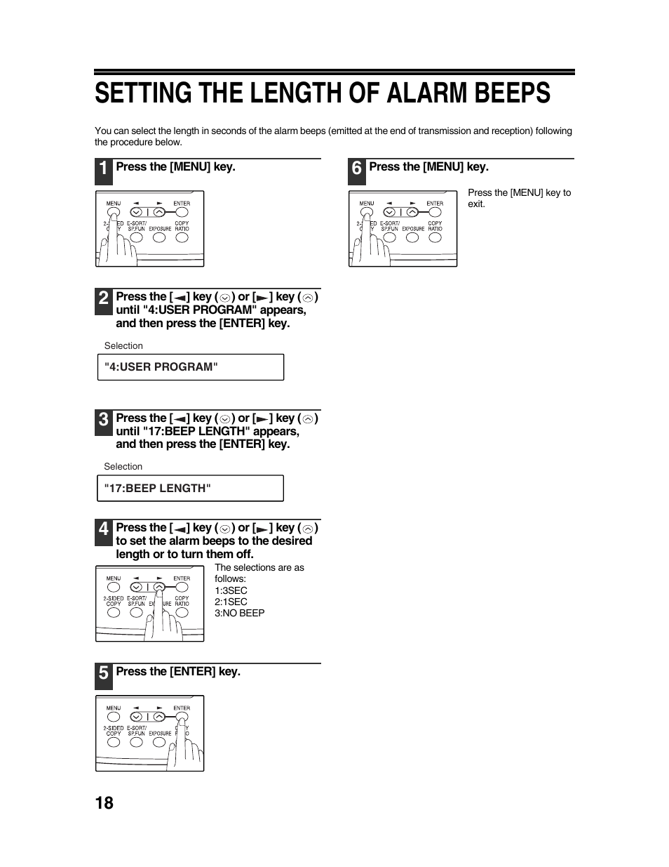 Setting the length of alarm beeps | Sharp AR-FX9 User Manual | Page 22 / 104