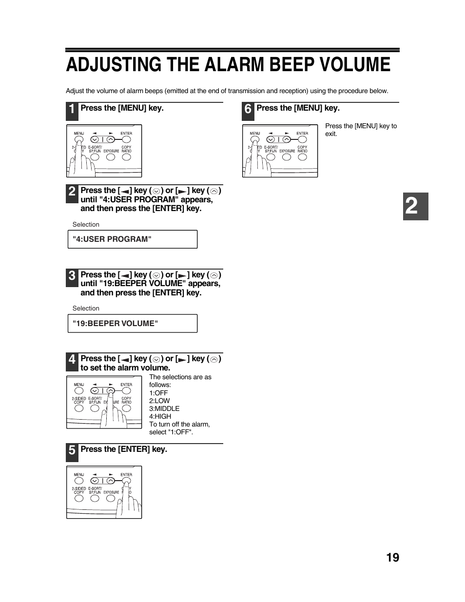 Adjusting the alarm beep volume | Sharp AR-FX9 User Manual | Page 23 / 104