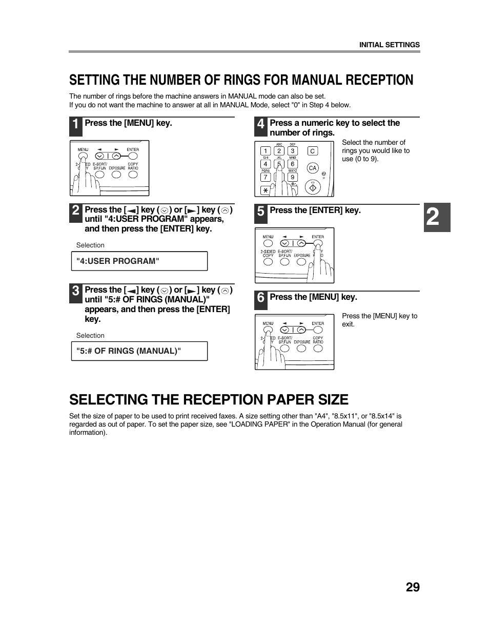 Setting the number of rings for manual reception, Selecting the reception paper size | Sharp AR-FX9 User Manual | Page 33 / 104